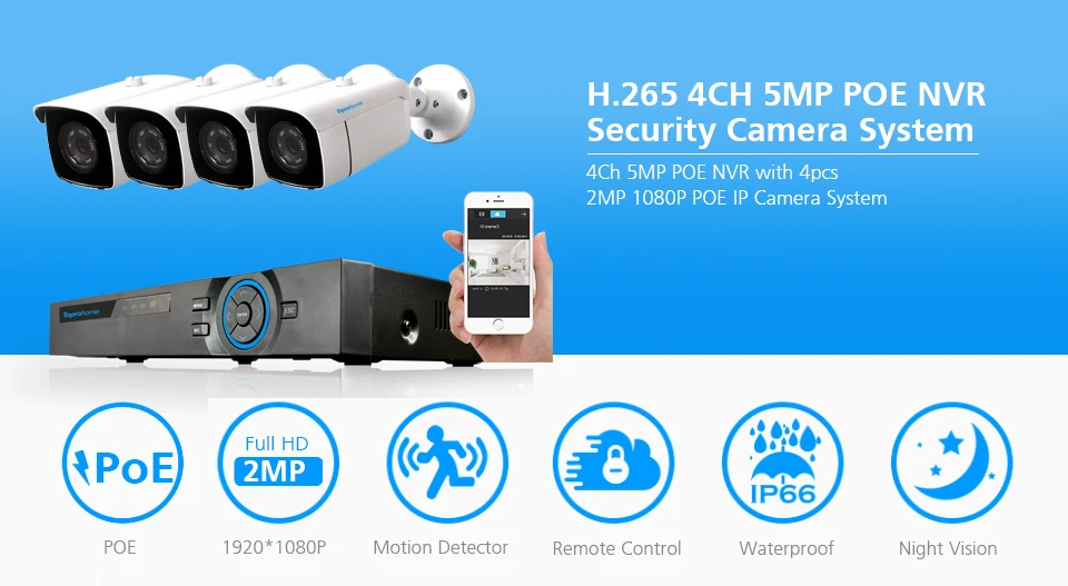 TOPROHOMIE H.265+ 4CH POE NVR комплект 48 В 2MP дневной ночной водонепроницаемый комплект камеры 4CH 1080P Аудио запись система наблюдения камеры