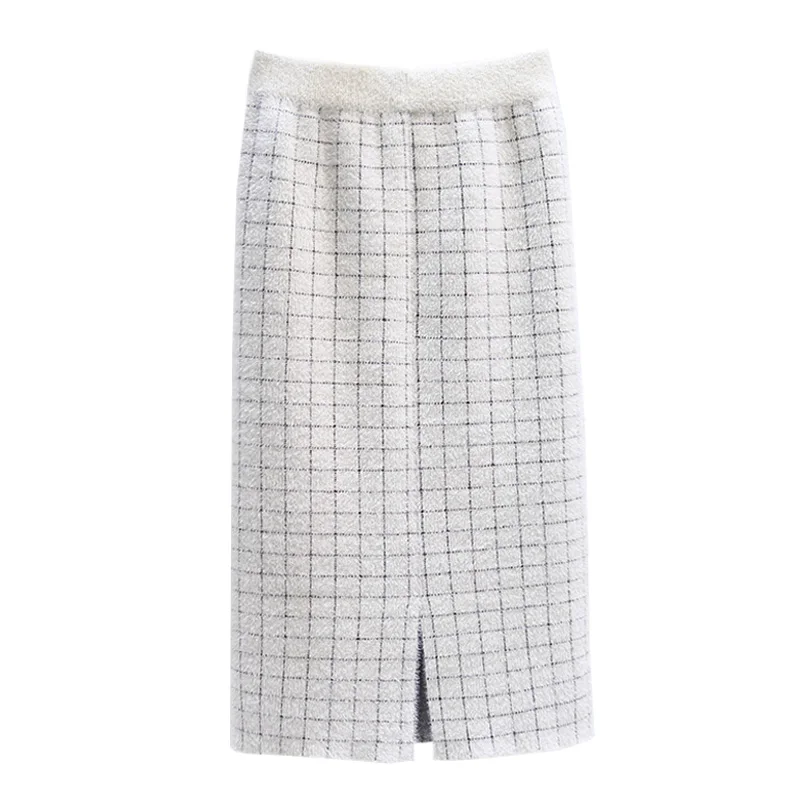 

Thickened mink knitted skirt winter with sweater mid long split Plaid one-step hip skirt women's winter skirt