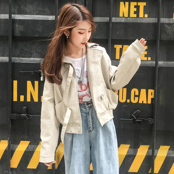 Женская винтажная куртка бомбер из искусственной кожи с длинным рукавом в