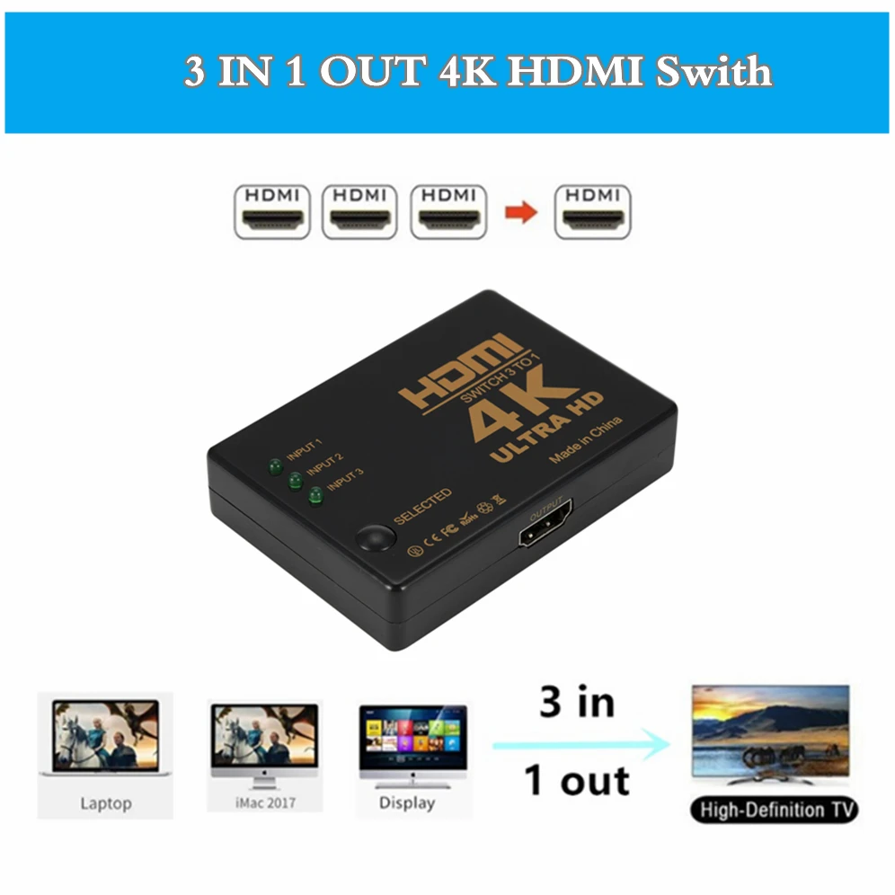 GRWIBEOU HDMI переключатель с пультом дистанционного управления 4K видео коммутатор 3 в