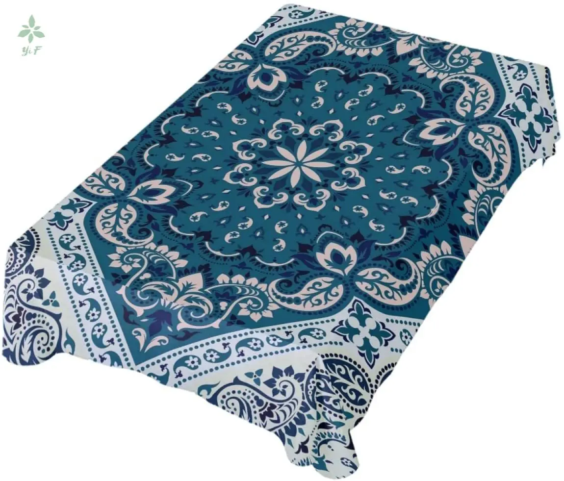 

Rectangle Blue Paisley Flower On Vintage Mandala Tablecloth Picnic Holiday Kitchen Outdoor Camping Decor