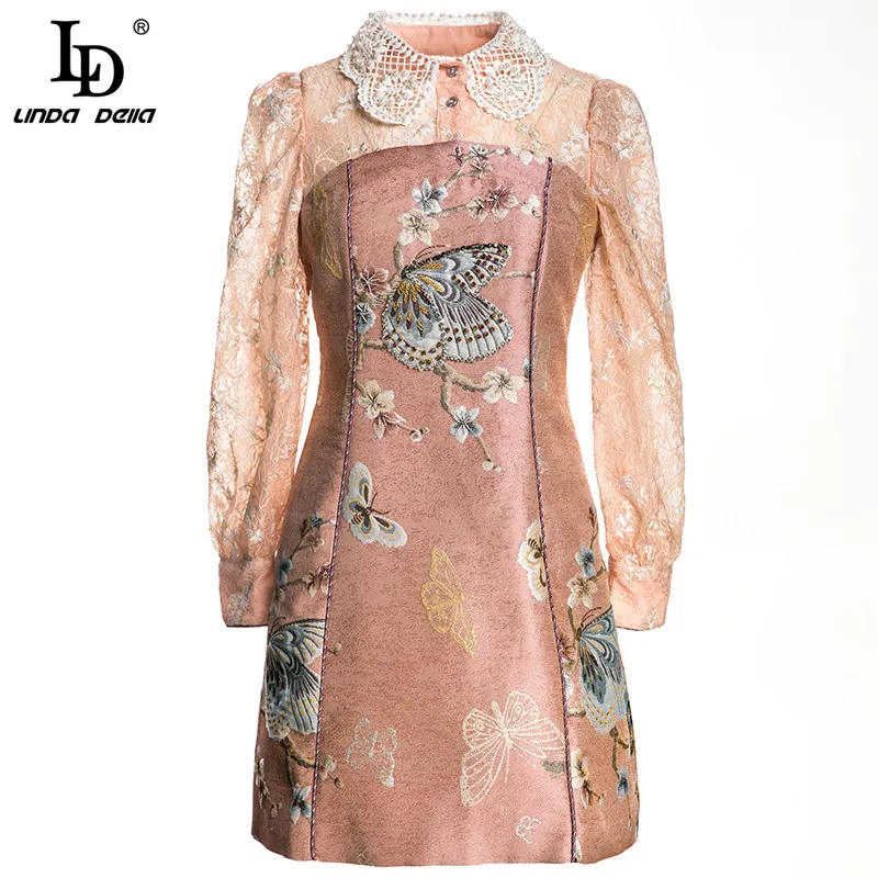 

LD LINDA DELLA Fashion Runway Autumn Vintage Dress Women's Lace Long sleeve Beading Floral print Short Elegant Jacquard Dress