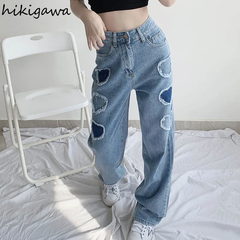 

Джинсы Hikigawa женские в Корейском стиле, брюки с широкими штанинами в стиле пэчворк, уличная одежда в стиле Харадзюку, прямые повседневные брю...