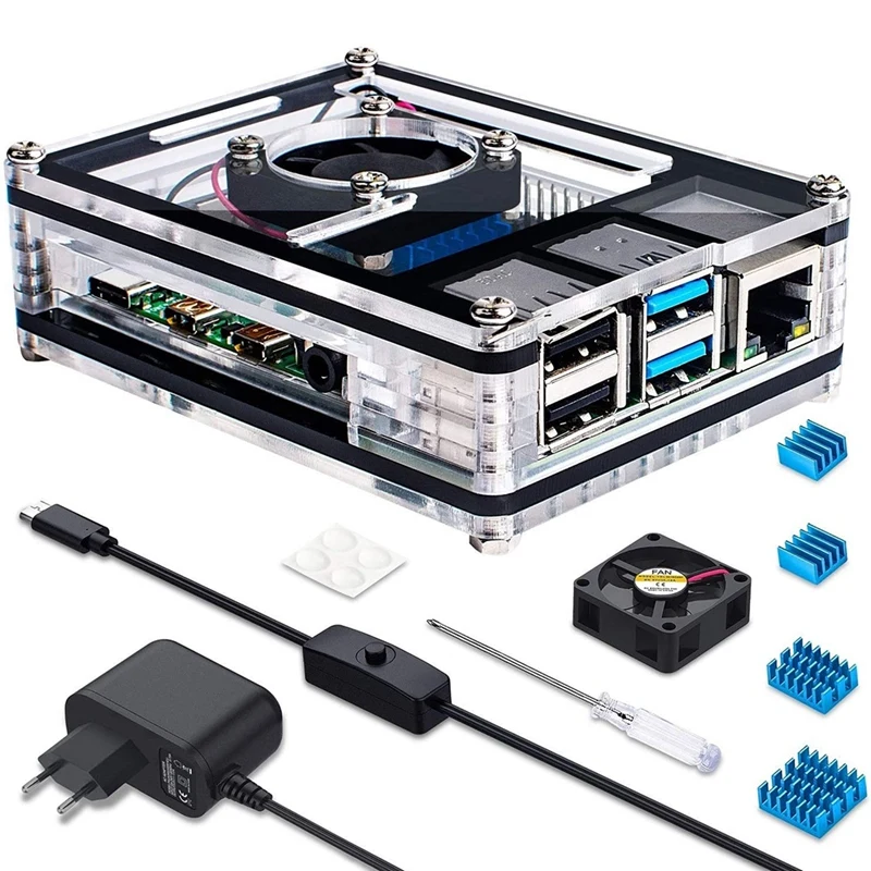 

Case for Raspberry Pi 4/4B with Fan Cooling, 4 x Aluminium Heatsink, 5V 3A USB-C Power Supply with On/Off Switch EU Plug