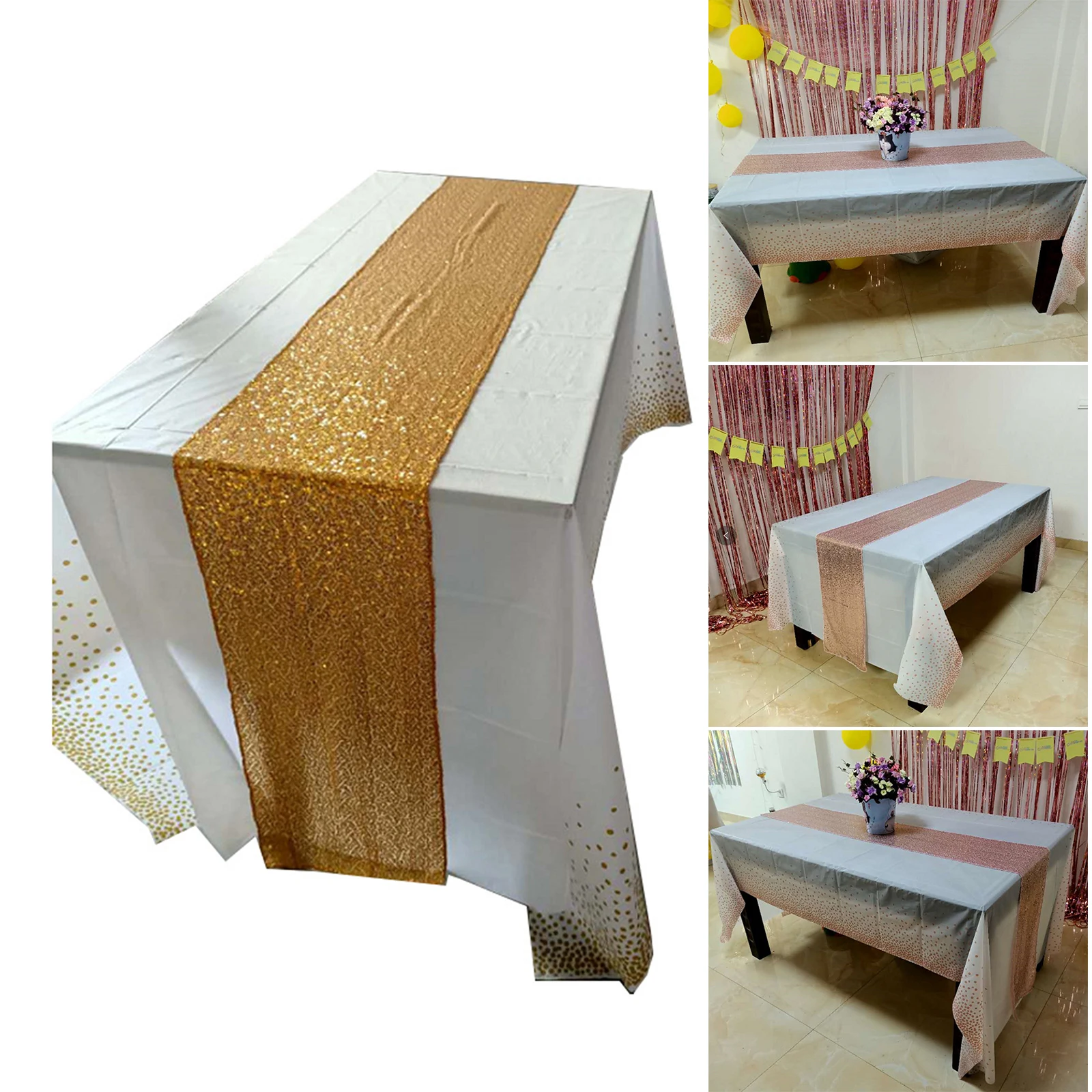 

Rectangle Tablecloth Sequins Table Runner Set Waterproof Table Cloth for Parties Wedding Banquet ALS88