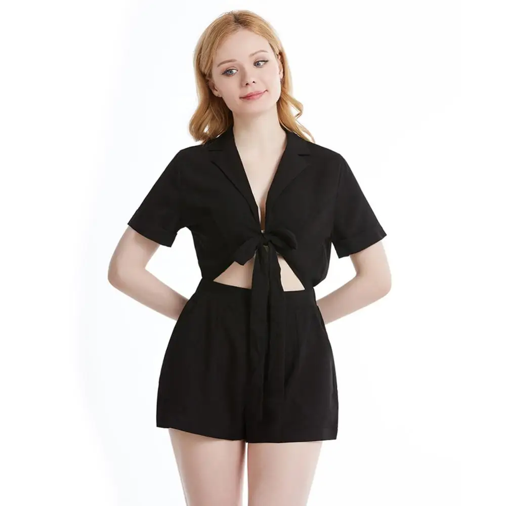 

Summer Romper Women Solid Color Jumpsuit V Neck Lace Up Top Short Pants Playsuit