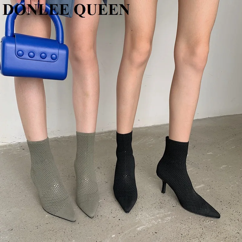 

New Fashion Slim Stretch Ankle Boots Women Print Toe Sock Boots High Heel Stretch Knit Boot Elegant Women Shoes Zapatos De Mujer