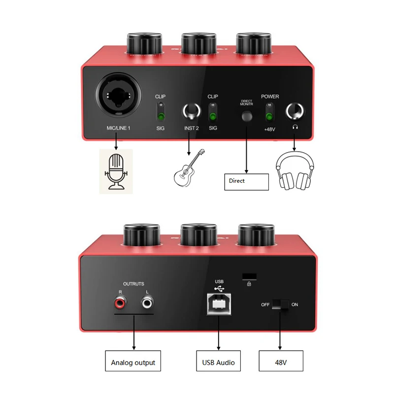 1pc For Microphones USB Audio Interface Amplifier 2 in/2 out /48 kHz 16BIT Converter Adapter For Headphone Computer Red Speakers