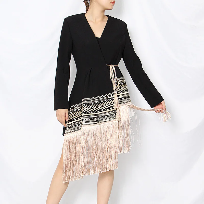 

F~F 2021 New Skirt Solid Color Long-Sleeved Loose Fashion Embroidery Jacquard Tether Hem Irregular Small Suit Women