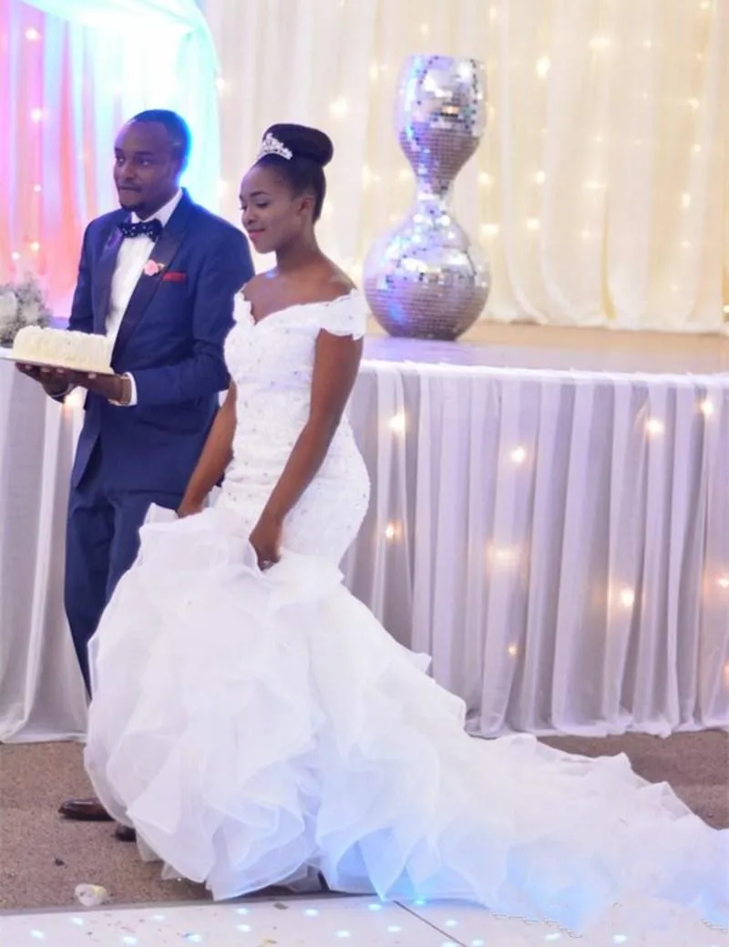 

Женское свадебное платье с юбкой-годе, кружевное платье из органзы с открытыми плечами и короткими рукавами, расшитое бисером, платье невес...