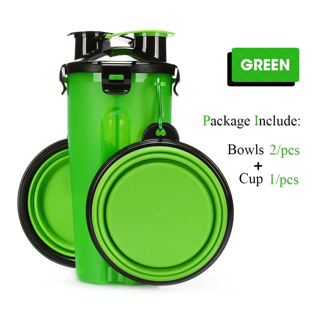 green wIth 2 bowl Портативная 2 в 1 ПЭТ бутылка для воды контейнер для еды со складной силиконовой миской для домашних животных уличная дорожная кормушка для кошек и собак чашка - Цвет: green wIth 2 bowl