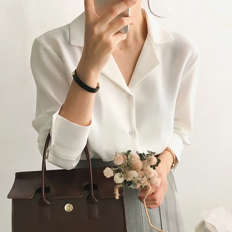 

Женские блузки в Корейском стиле, простая элегантная белая рубашка для офиса, женские весенне-осенние шифоновые топы с отложным воротником ...