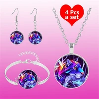 colorful leopard art photo jewelry set cabochon glass pendant necklace earring bracelet totally 4 pcs for womens fashion gifts