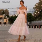 Розовое платье с открытыми плечами FDHAOLU FU132, Сетчатое платье в горошек для выпускного вечера, трапециевидного силуэта, вечернее платье до середины икры, размера плюс