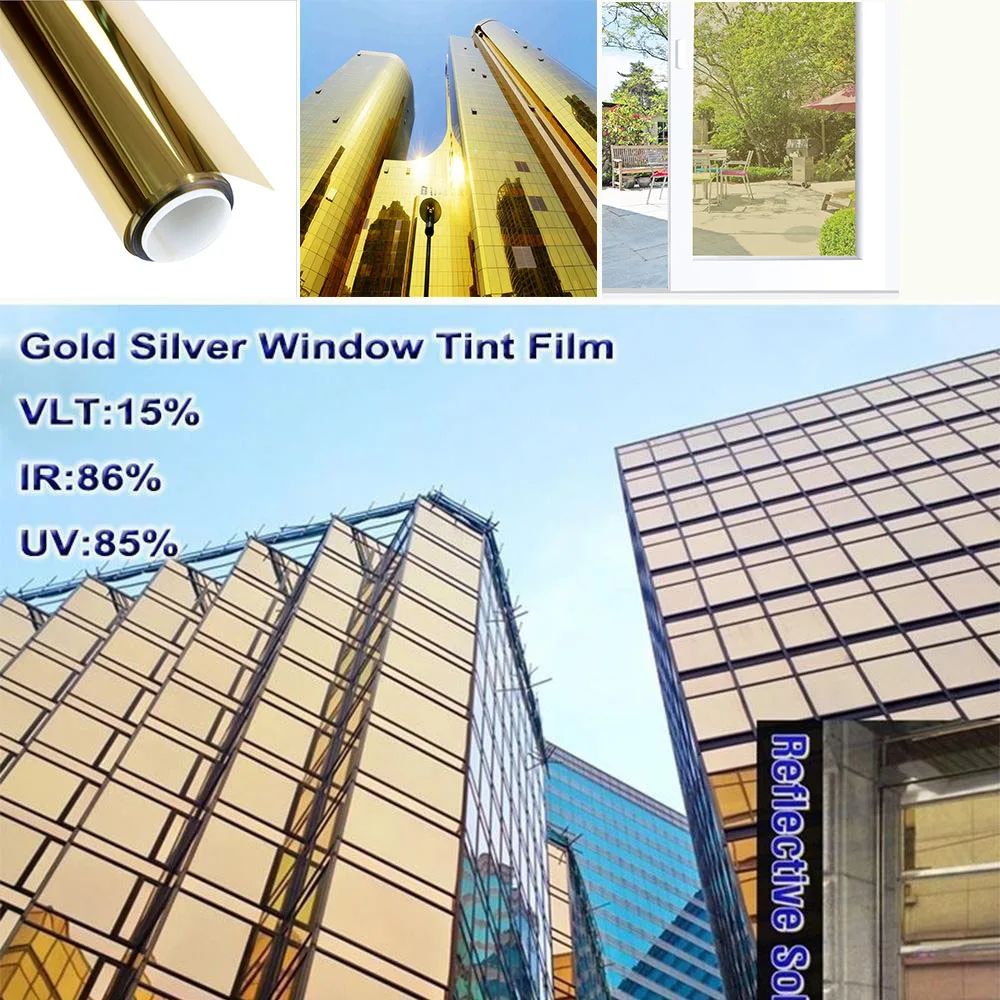 

40/50/60/70/80/90 x 500 Cm Gold Heat Control Window Film Anti-UV Solar Tint Mirrored Sticker One-way Vision Privacy Window Tint
