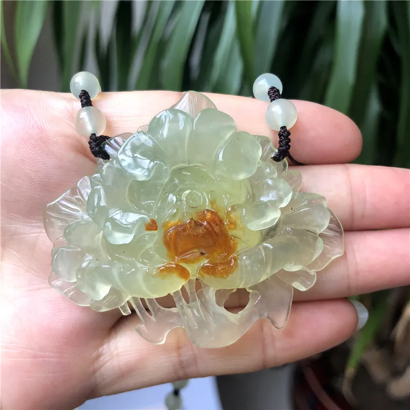 

Natural xiuyu jade A HandCarved tree peony jadeite jade green jade pendant jade Buddha jewelry jade necklaces jewelry