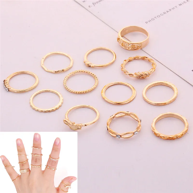 12 шт./компл. Ретро винтажный комплект колец на фалангу золотого и серебряного