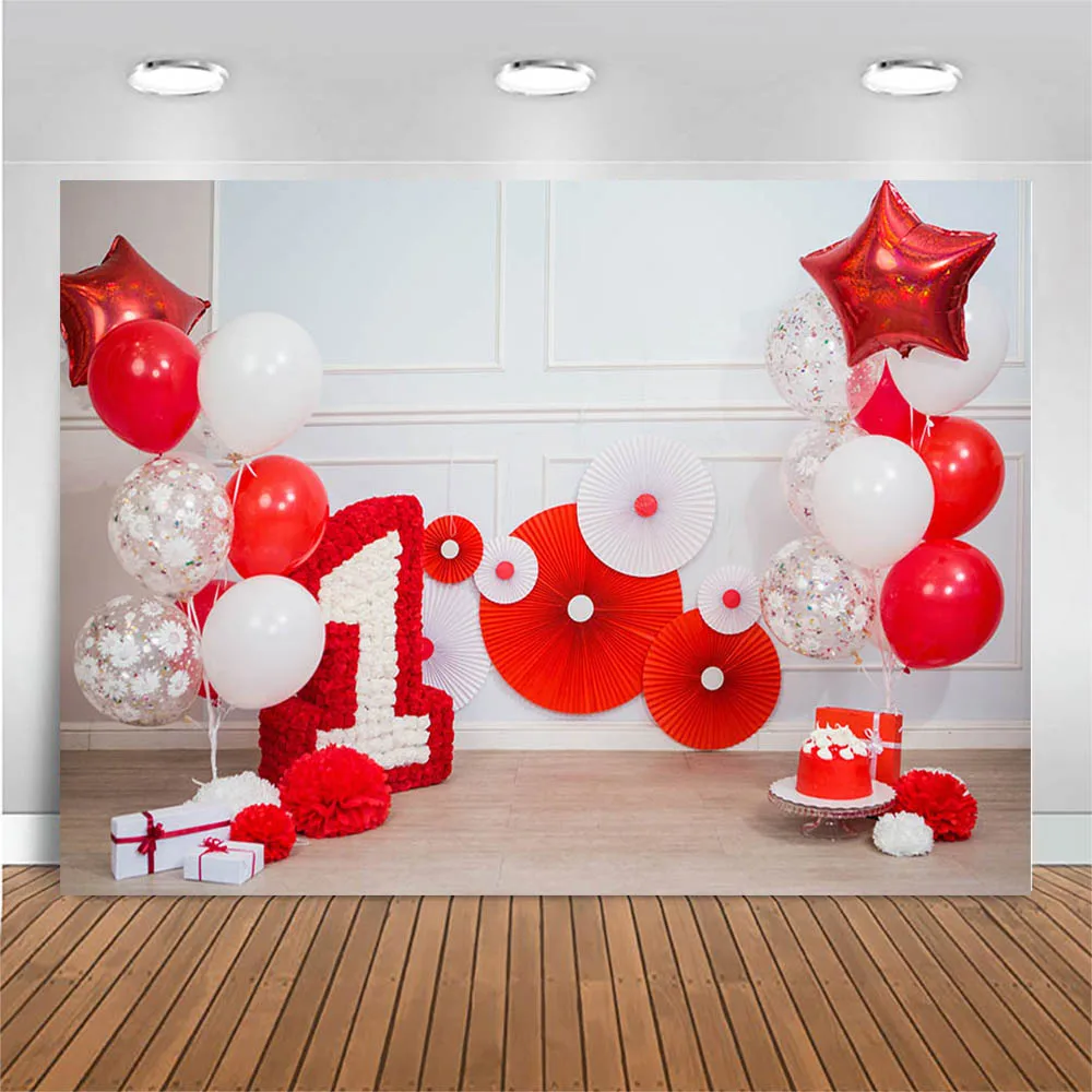

Фон для фотосъемки детей на 1-й День рождения красный воздушный шар торт Новорожденный ребенок Портрет фон День Рождения Декор баннер фотос...
