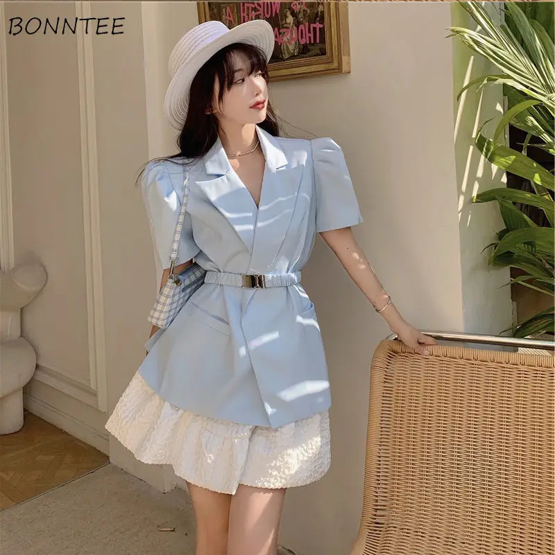 

Женские комплекты, дневной Яркий модный элегантный строгий мини-наряд в Корейском стиле с поясом и буффами на рукавах, трапециевидный силуэ...