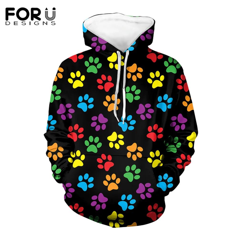 

FORUDESIGNS Colorful Animal Paw Printed Women Black Pocket Hoody 2021 Fall Casual Sweetshirts Pullovers Oversize Female Clothing