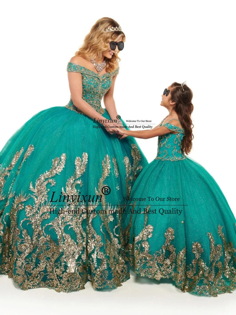 

Блестящее зеленое бальное платье из органзы с бисером, платья для Quinceanera 2021, вечернее платье с открытыми плечами для выпускного вечера, золо...