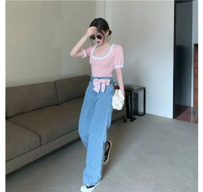 

Korean Sweet Pink Thin Sweater Women Summer Lace Square Collar Short Sleeve Slim Tops Women Clothing 2021 New