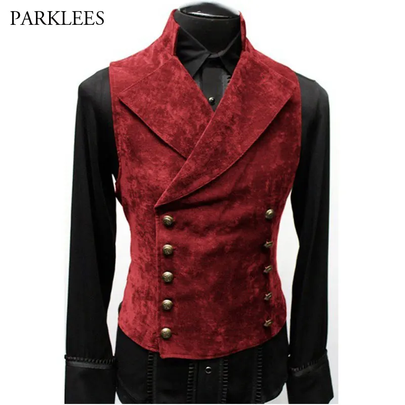 Vintage Red Suede Suit Vest Men 2022 Brand Double Breasted Suit Vests Waistcoat Casual Slim Sleeveless Steampunk Gilet Homme 3XL