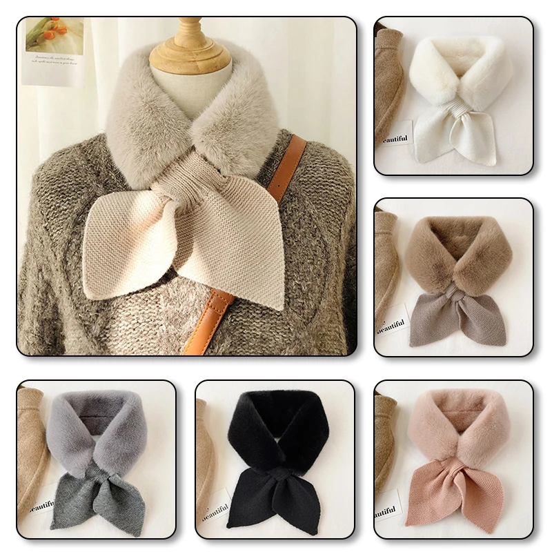 

Fashion Thick Warm Rabbit Fur Neck Collar Scarves Winter Faux Fur Knitted Scarf Neckerchief for Women Ladies C ross Plush Scaf