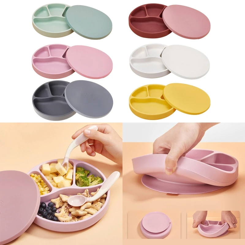 

Baby Silicone Suction Cup Dinner Plate Baby Food Supplement Bowl with Lid Infant Small Partitions Anti-drop Tableware Children'