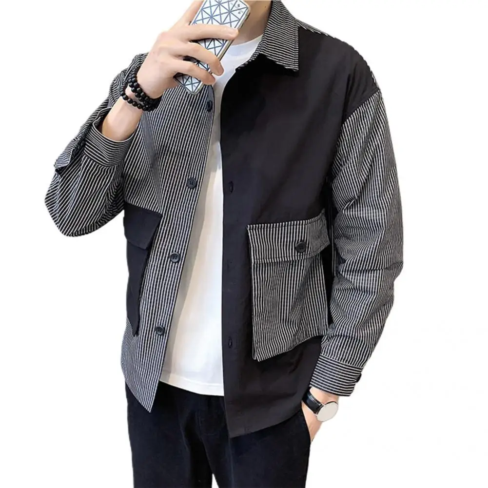 

Fabulous Men Shirt Stripe Breathable Shirt Pocket Strip Pattern Casual Leisure Men Shirt for Daily Wear Tops