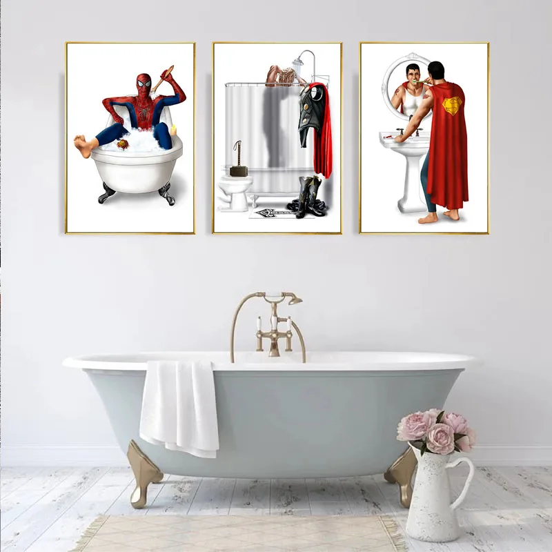 

Marvel Avenger Character Funny Toilet Canvas Painting Wall Art Oil Poster Restaurant Home Toilet Cartoon Picture Decor Cuadros