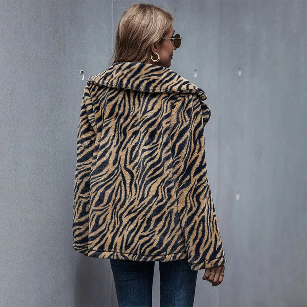 SEBOWEL Fashion Design Tiger Print Faux Fur Overcoat Women Winter Long Sleeve Female Animal Pattern Warm Cardigan Coat S-XL