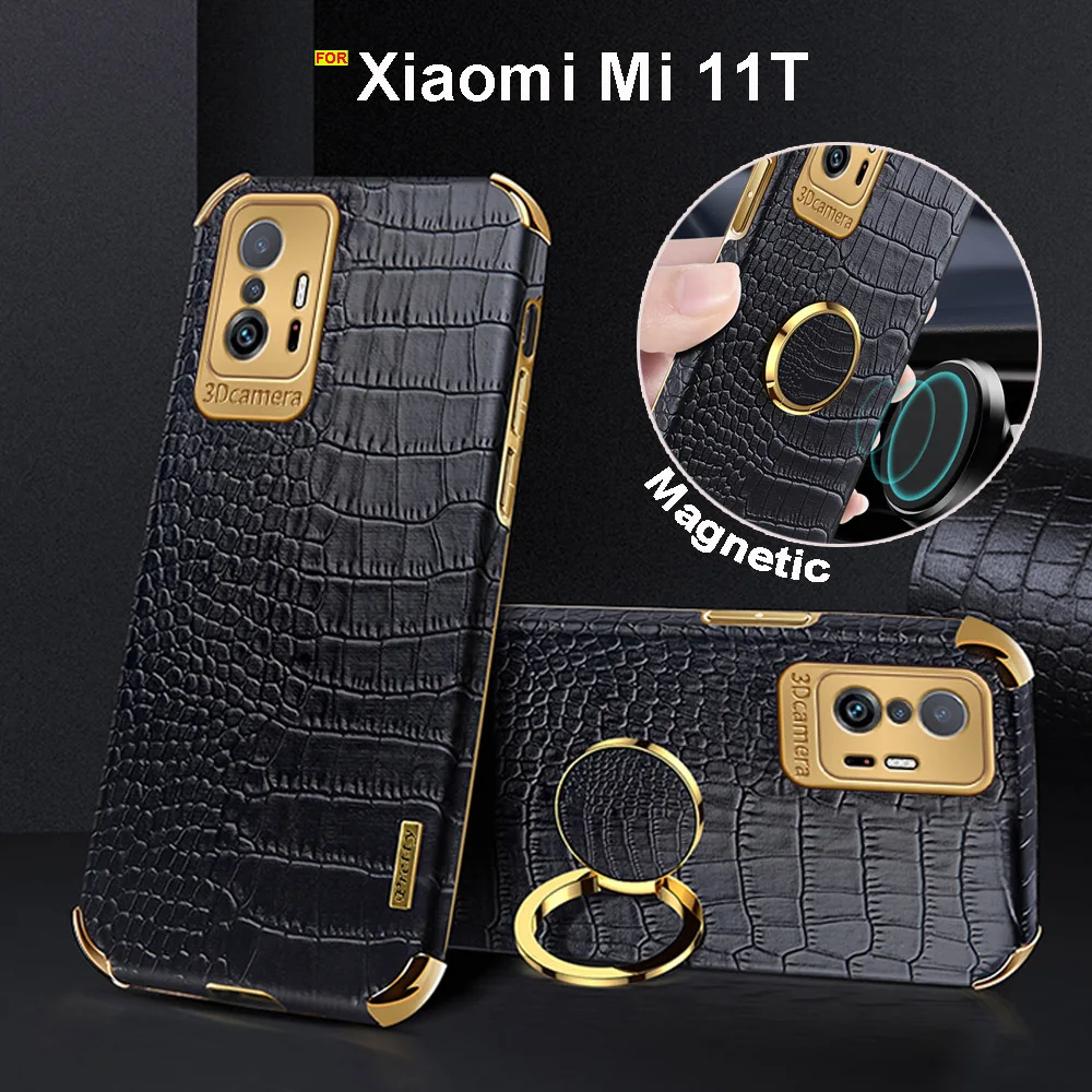 

Чехол с кольцом-держателем для Xiaomi 11T Pro, чехол из искусственной кожи под крокодила для Xiaomi Mi 11T, зеркальный чехол для Mi 11, Ультратонкий чехол ...