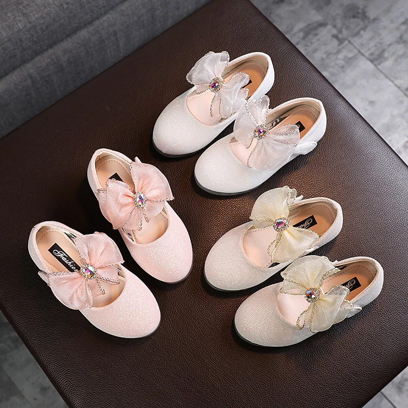 

Fashion Little Girls Princess Shoes Bow Rhinestones Children Shoes Kids Baby Pink Party Wedding Shoes Low-heel Flower Girl Shoes