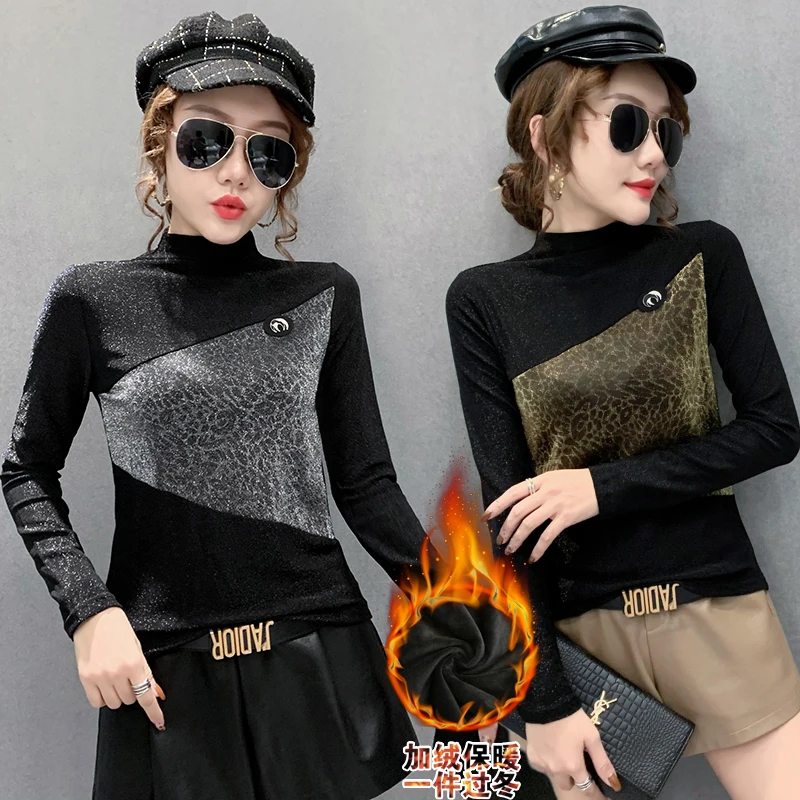 

Spring Fall European Clothes T-Shirt Sexy Turtleneck Patchwork Shiny Women Tops Bright Gold Long Sleeve Tees New 2021 T16301A