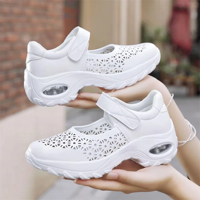 

Women Sneakers Summer leather Flat Shoes Woman Thick Bottom Hollow Breathable Light bottom Shoes nurse Soft Ladies Shoes