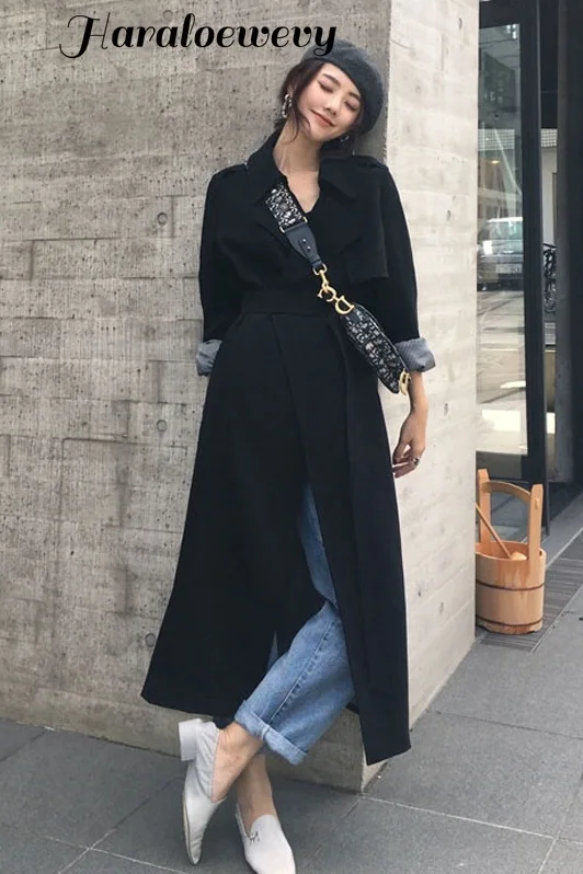 Женское длинное пальто с отложным воротником в стиле Харадзюку черный и бежевый