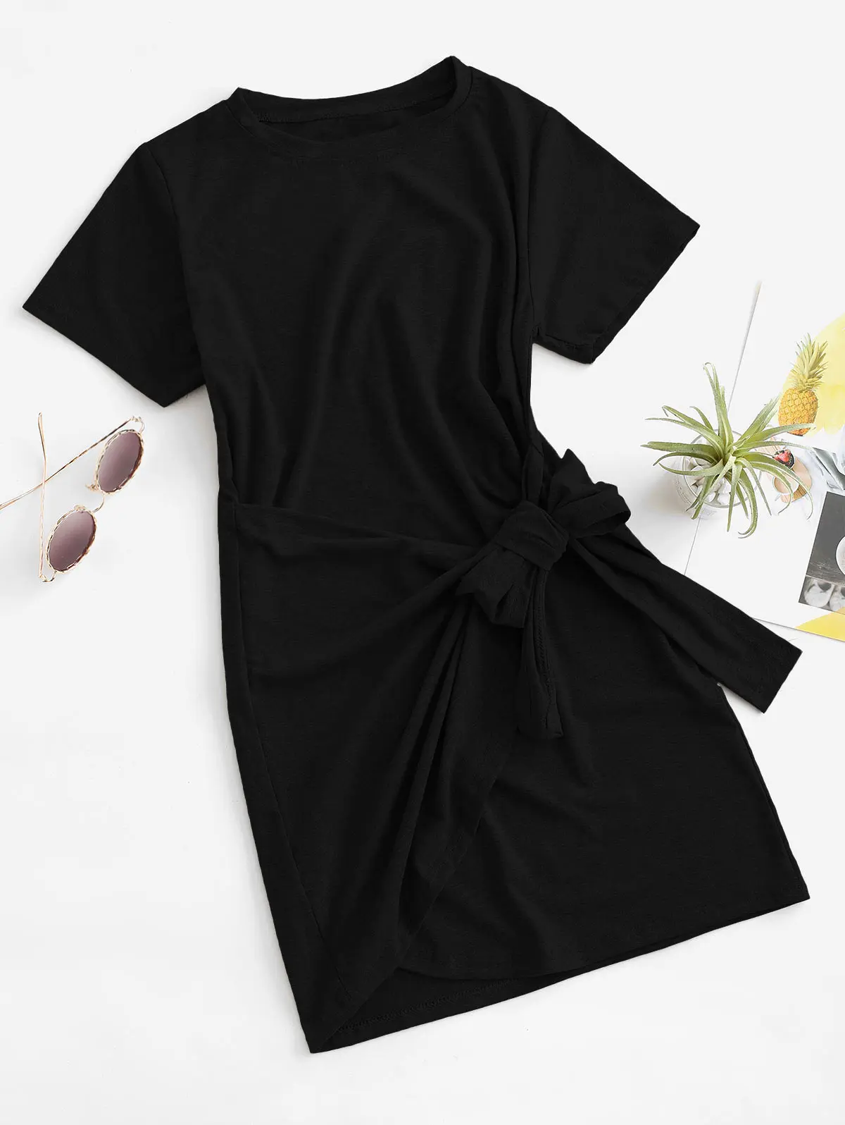 ZAFUL Overlap Tie Short Sleeve Tee Dress Brief Casual T Shirt Day Mini Straight Summer Lap-Over T-Shirt | Женская одежда