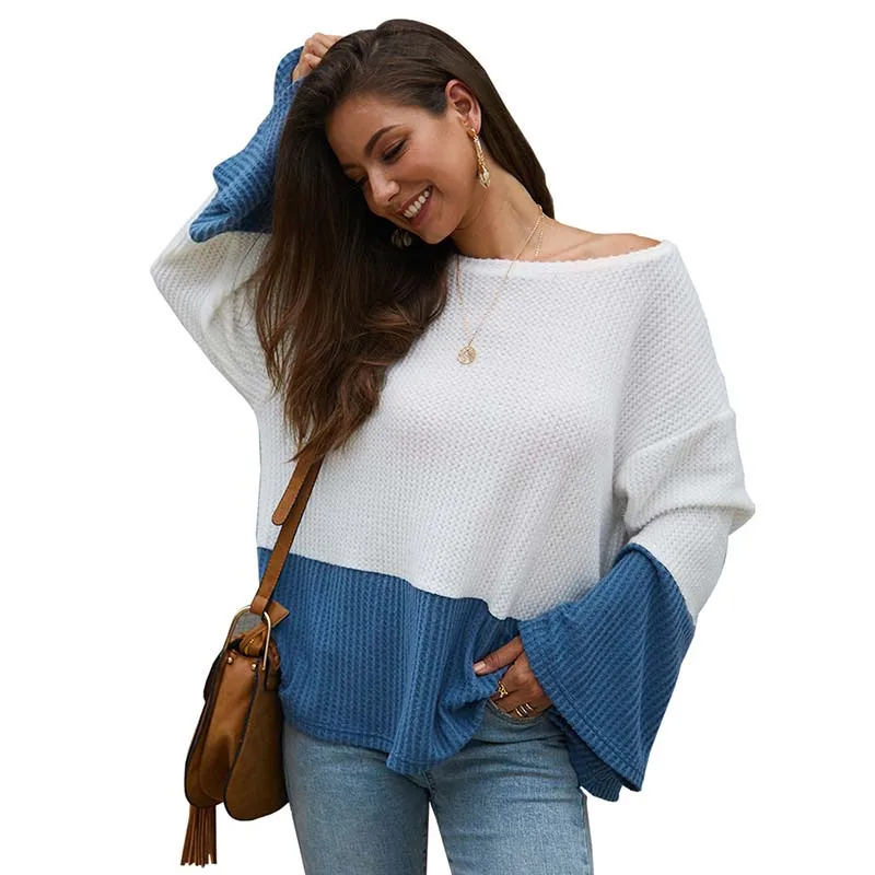 

Casual Loose Women T-Shirt Solid O-Neck Flare Sleeve Patchwork Spring Autumn Office Lady Tshirt Woman Clothes W284