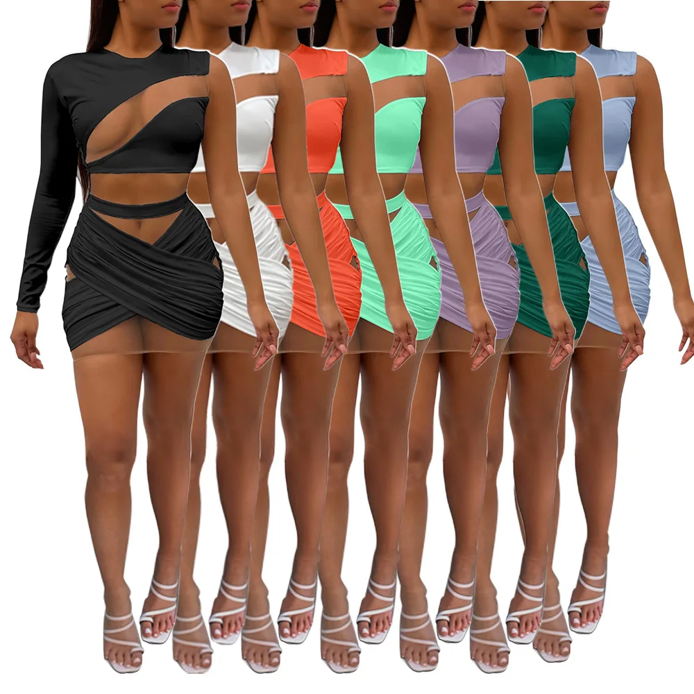 

68L6281 летний Женский Повседневный модный сексуальный однотонный сетчатый комбинированный сексуальный костюм из двух предметов с одним плеч...