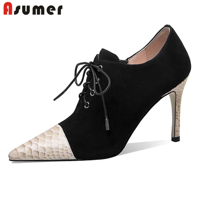 

Asumer Quality Single Shoes Women Pumps Suede Leather Lace Up Spring Summer Fashion Classic Thin High Heels Dress Shoes Woman