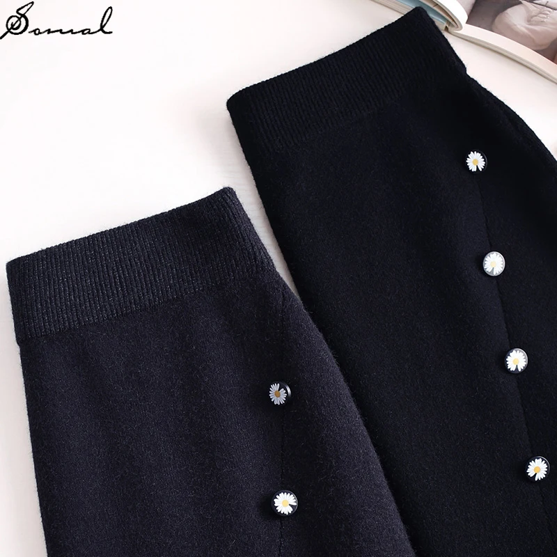 

SOMAL Women's Korean Style Single Breasted A Line Skirt with Slit Autumn Winter Ladies High Waist Knitted Skirt Thick and Warm