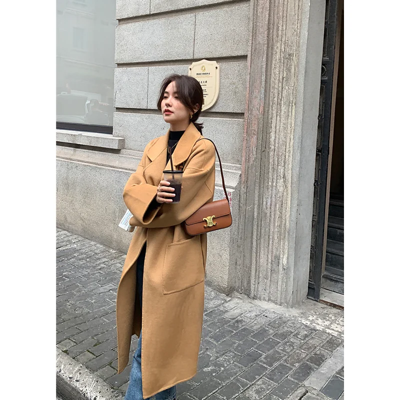 Пальто женское длинное двустороннее из чистой австралийской шерсти с лацканами |