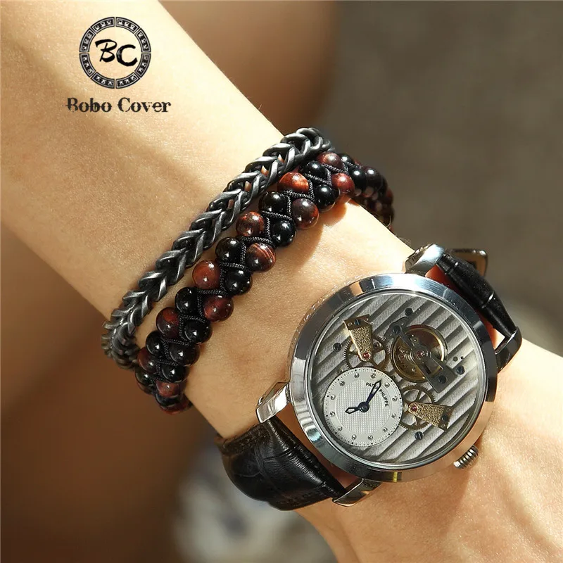 Мужской браслет с кубинскими звеньями из нержавеющей стали натуральным камнем