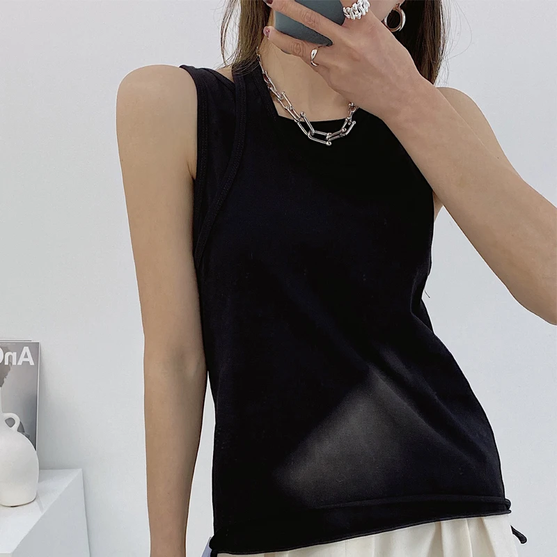 

Women Asymmetrical Sexy Crop Top Vest For Summer Irregular Hem Sleeveless Fake Two Casual Vests Female Tank Tops Basic Shirt