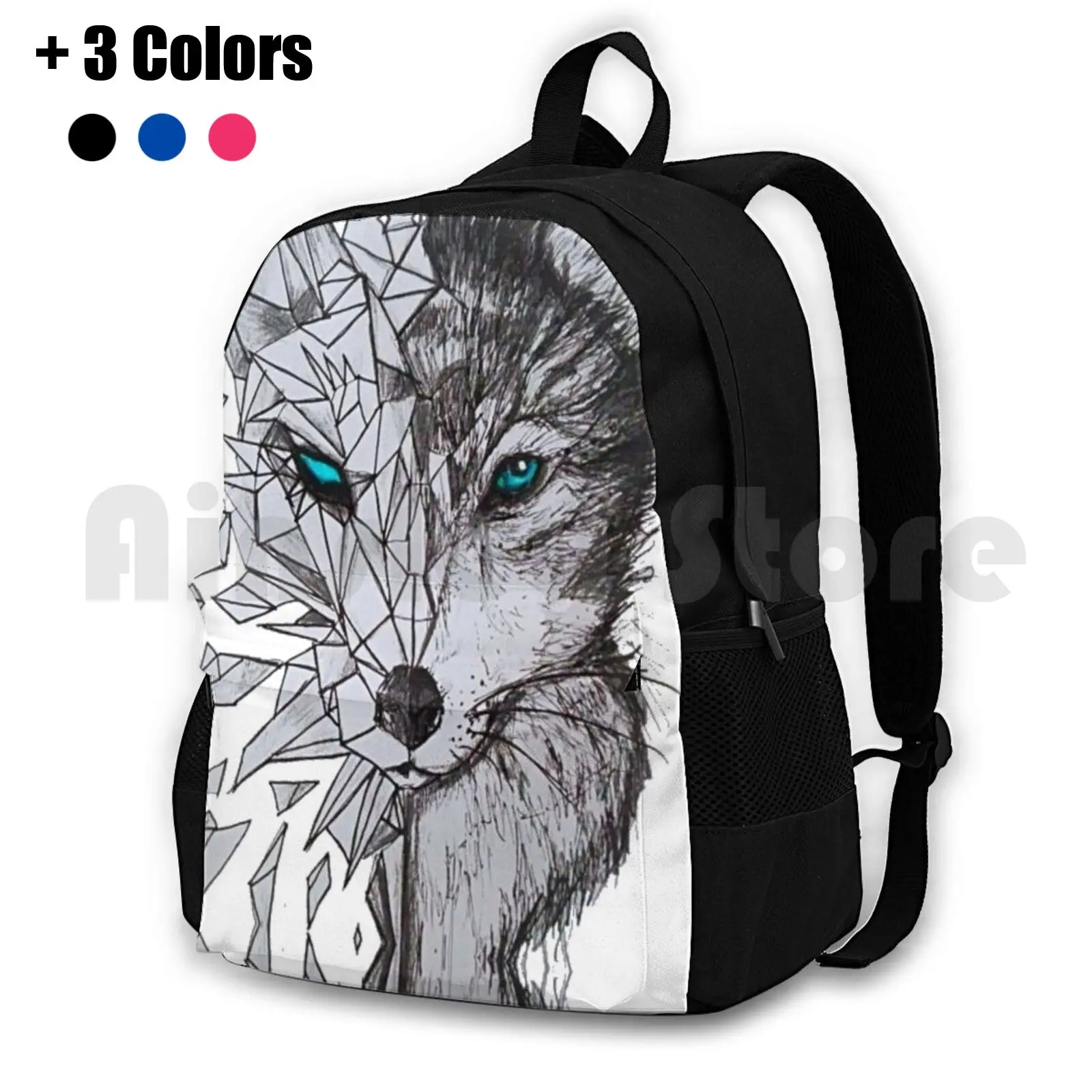 

Geometric Wolf Outdoor Hiking Backpack Waterproof Camping Travel Cool Pretty Wolf Nature Sketch Lines Blue Fox Hipster Girls