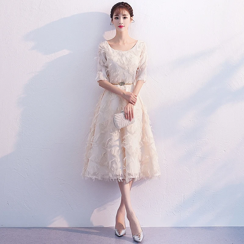 

Bridesmaids Dresses Illusion Half O-Neck A-Line Lace Tulle Sashes Knee-Length Vintage Champagne Women Wedding Party Gown E672
