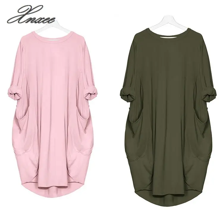 

Women Casual Loose Solid Cotton Round Collar Long Blouse Tees Shirt Plus Size Long Sleeve Pocket Tops Xnxee S-5XL