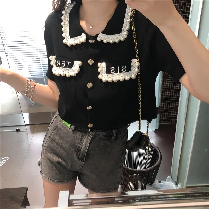 

Women's Pearl Patchwork Short Sleeve Turn-downed Collar Top 2021 Summer New Single-Breasted Contrast Color Knitwear