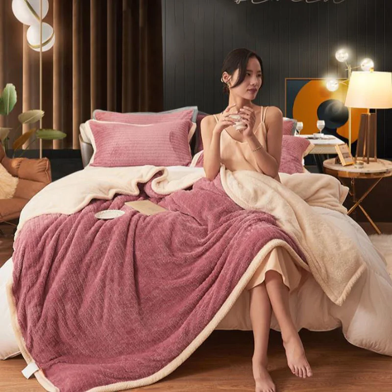 

Thickened Double-layer Blanket Milk Wool Cover Blanket Winter Coral Wool Blanket Plush Warm Office Nap Blanket Queen King